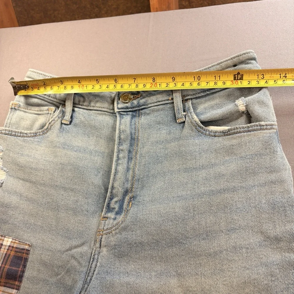 Hollister Ultra High Rise Dad Jeans 26 Plaid Patch Distressed Wide Leg Boho